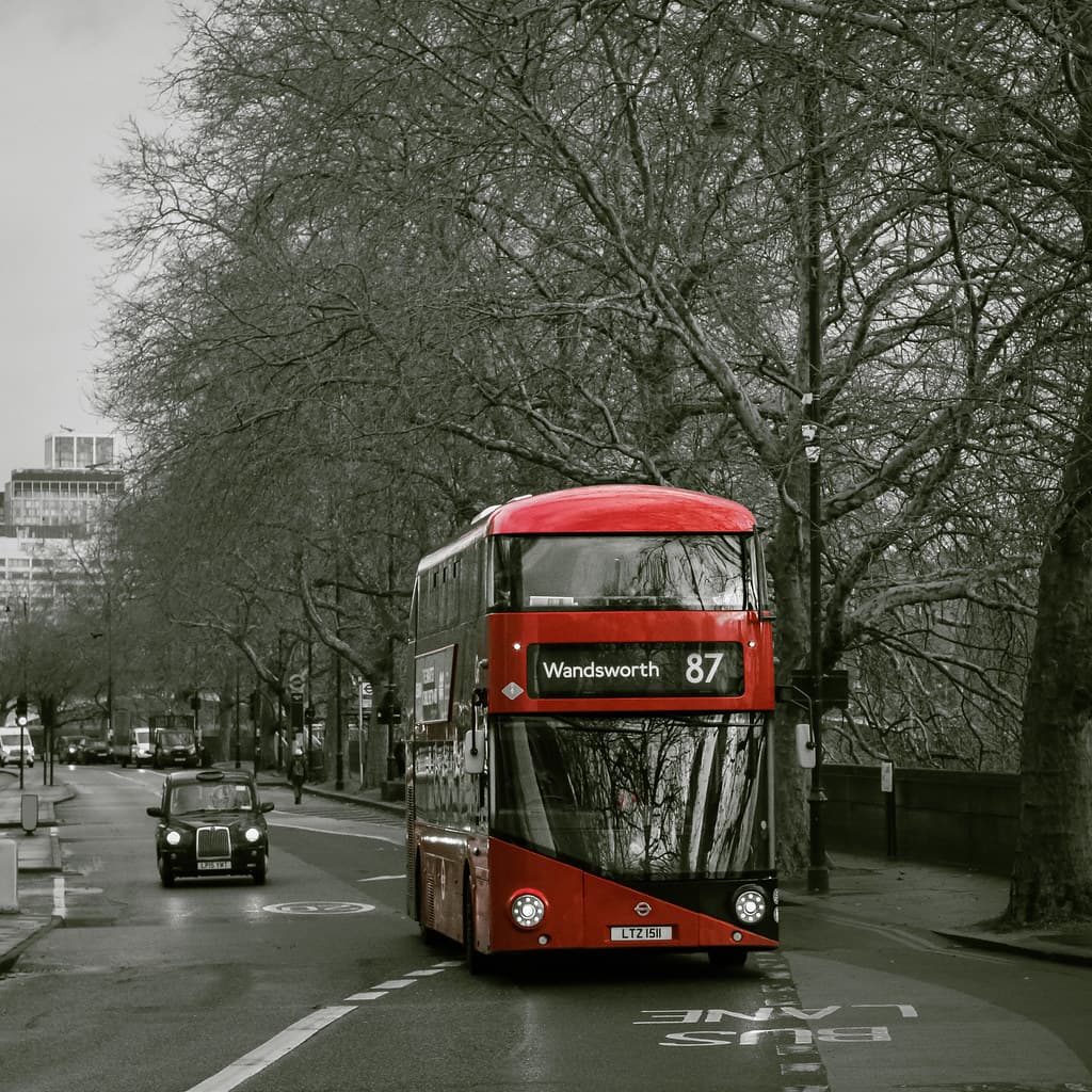 Double-decker bus through the streets of London